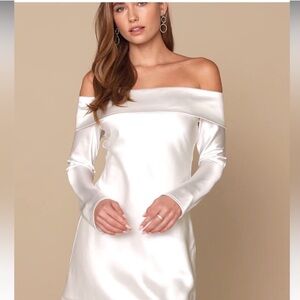 Llulus luxurious Satin Off-Shoulder White Dress